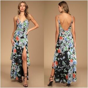 LULU’S Effortless Energy Black Floral Print Asymmetrical Maxi Dress